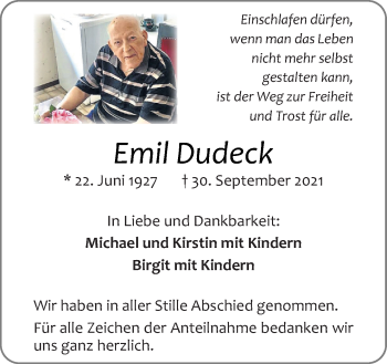 Traueranzeige von Emil Dudeck von Neue Osnabrücker Zeitung GmbH & Co. KG