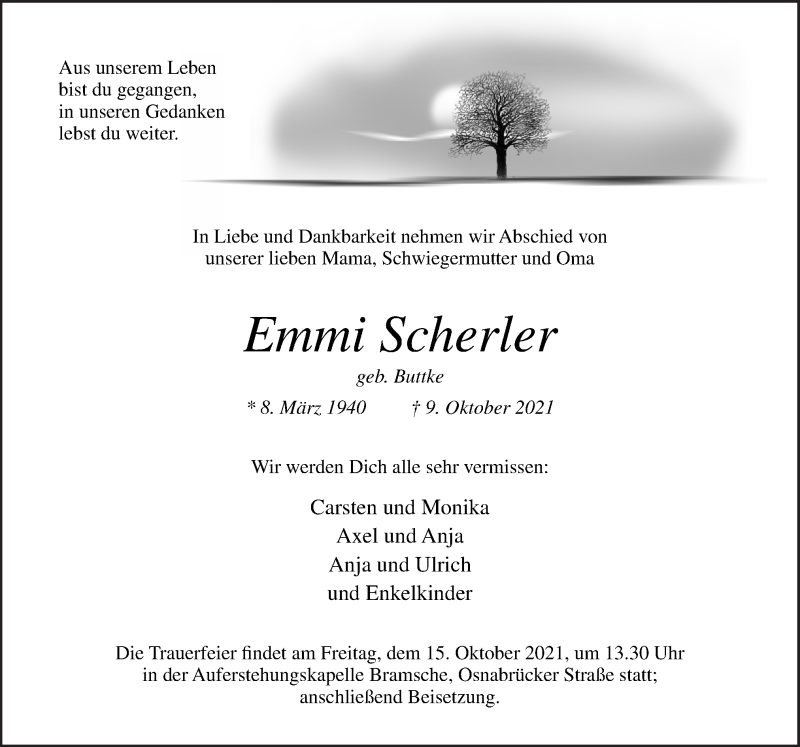  Traueranzeige für Emmi Scherler vom 13.10.2021 aus Neue Osnabrücker Zeitung GmbH & Co. KG