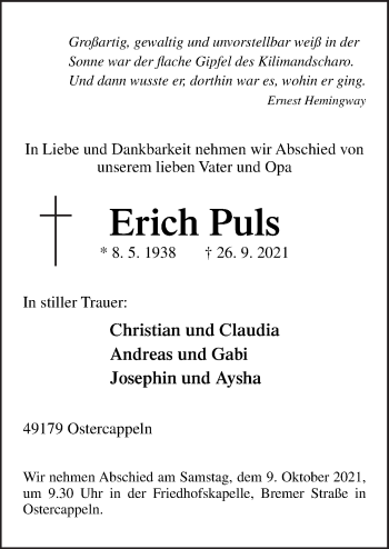 Traueranzeige von Erich Puls von Neue Osnabrücker Zeitung GmbH & Co. KG