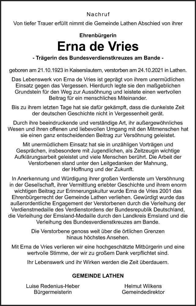  Traueranzeige für Erna de Vries vom 27.10.2021 aus Neue Osnabrücker Zeitung GmbH & Co. KG