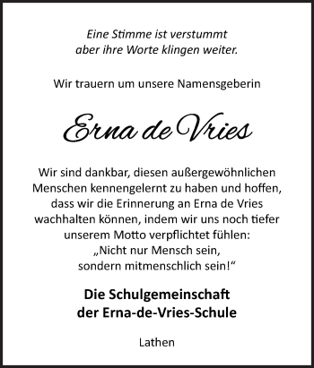 Traueranzeige von Erna de Vries von Neue Osnabrücker Zeitung GmbH & Co. KG