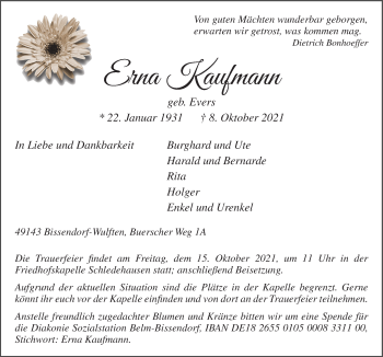 Traueranzeige von Erna Kaufmann von Neue Osnabrücker Zeitung GmbH & Co. KG