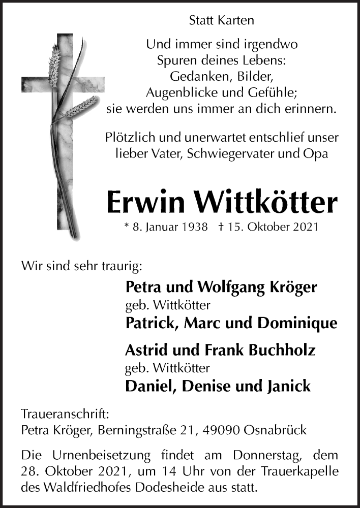 Traueranzeige für Erwin Wittkötter vom 23.10.2021 aus Neue Osnabrücker Zeitung GmbH & Co. KG