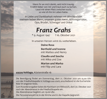 Traueranzeige von Franz Grahs von Neue Osnabrücker Zeitung GmbH & Co. KG