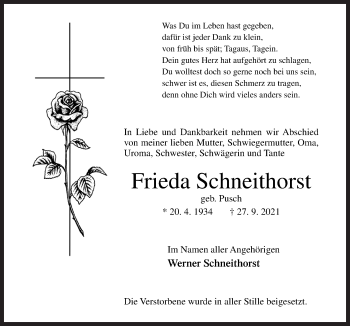 Traueranzeige von Frieda Schneithorst von Neue Osnabrücker Zeitung GmbH & Co. KG