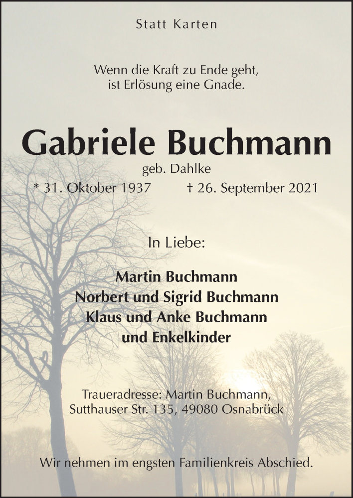  Traueranzeige für Gabriele Buchmann vom 02.10.2021 aus Neue Osnabrücker Zeitung GmbH & Co. KG