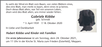 Traueranzeige von Gabriele Köbbe von Neue Osnabrücker Zeitung GmbH & Co. KG