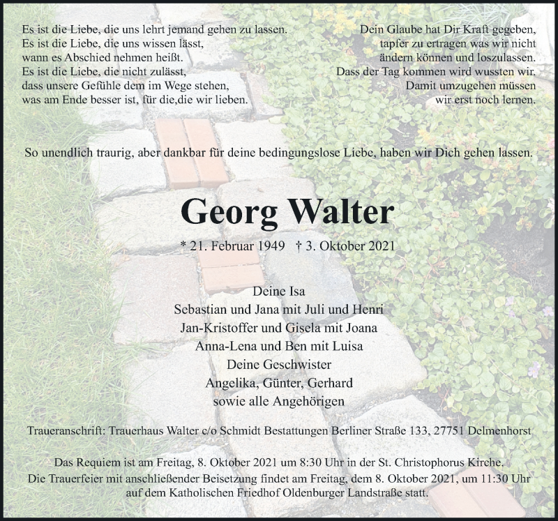  Traueranzeige für Georg Walter vom 06.10.2021 aus Neue Osnabrücker Zeitung GmbH & Co. KG