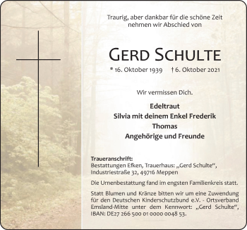 Traueranzeige von Gerd Schulte von Neue Osnabrücker Zeitung GmbH & Co. KG