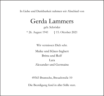 Traueranzeigen Von Gerda Lammers Noz Trauerportal