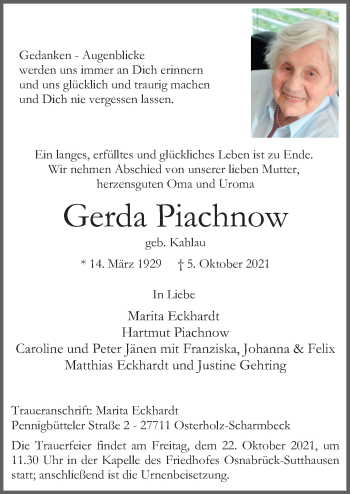 Traueranzeige von Gerda Piachnow von Neue Osnabrücker Zeitung GmbH & Co. KG