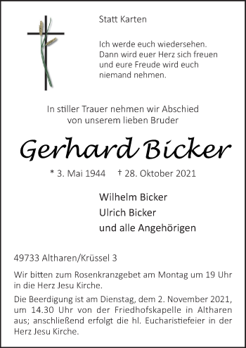 Traueranzeige von Gerhard Bicker von Neue Osnabrücker Zeitung GmbH & Co. KG