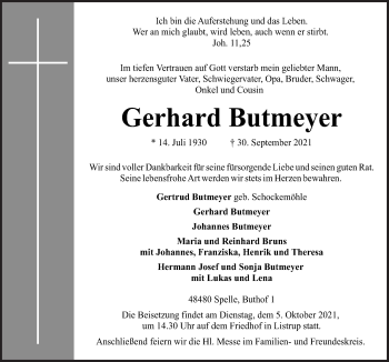 Traueranzeige von Gerhard Butmeyer von Neue Osnabrücker Zeitung GmbH & Co. KG