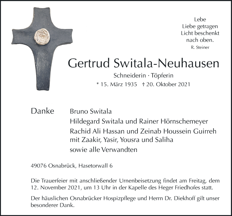  Traueranzeige für Gertrud Switala-Neuhausen vom 23.10.2021 aus Neue Osnabrücker Zeitung GmbH & Co. KG