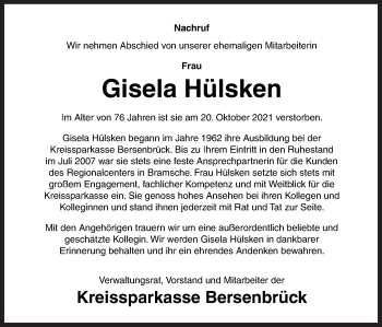 Traueranzeige von Gisela Hülsken von Neue Osnabrücker Zeitung GmbH & Co. KG