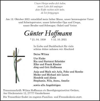 Traueranzeige von Günter Hoffmann von Neue Osnabrücker Zeitung GmbH & Co. KG