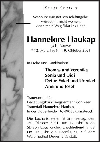 Traueranzeige von Hannelore Haukap von Neue Osnabrücker Zeitung GmbH & Co. KG
