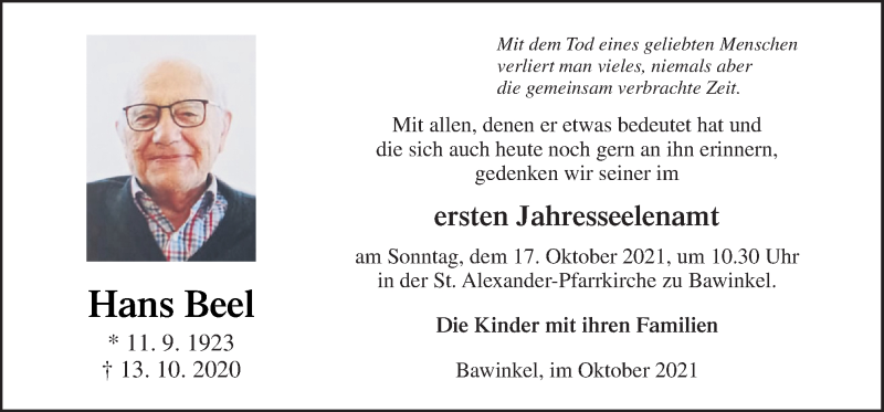  Traueranzeige für Hans Beel vom 12.10.2021 aus Neue Osnabrücker Zeitung GmbH & Co. KG