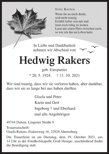 Traueranzeige von Hedwig Rakers von Neue Osnabrücker Zeitung GmbH & Co. KG