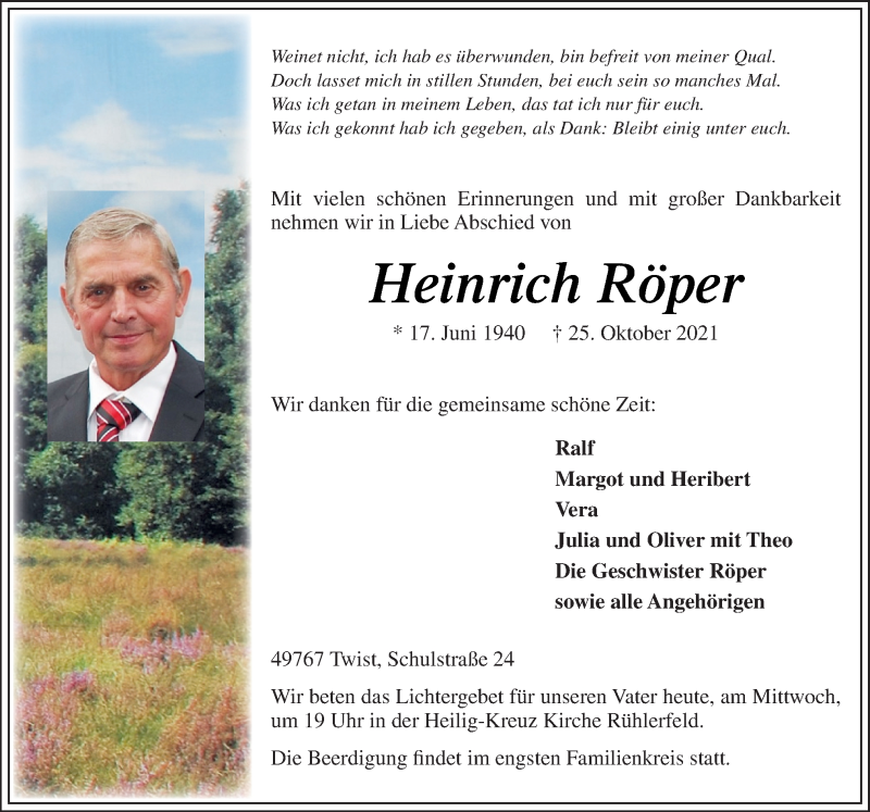  Traueranzeige für Heinrich Röper vom 27.10.2021 aus Neue Osnabrücker Zeitung GmbH & Co. KG