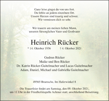 Traueranzeige von Heinrich Rücker von Neue Osnabrücker Zeitung GmbH & Co. KG