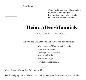 Traueranzeige von Heinz Alten-Mönnink von Neue Osnabrücker Zeitung GmbH & Co. KG
