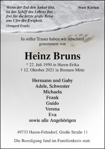 Traueranzeige von Heinz Bruns von Neue Osnabrücker Zeitung GmbH & Co. KG