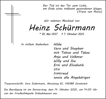 Traueranzeige von Heinz Schürmann von Neue Osnabrücker Zeitung GmbH & Co. KG