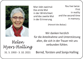 Traueranzeige von Helen Myers-Halling von Neue Osnabrücker Zeitung GmbH & Co. KG