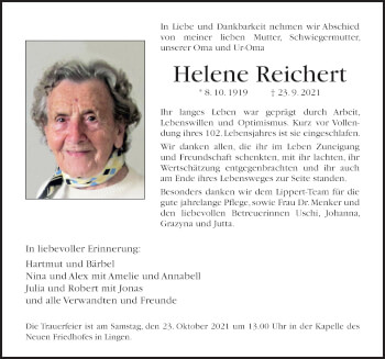 Traueranzeige von Helene Reichert von Neue Osnabrücker Zeitung GmbH & Co. KG
