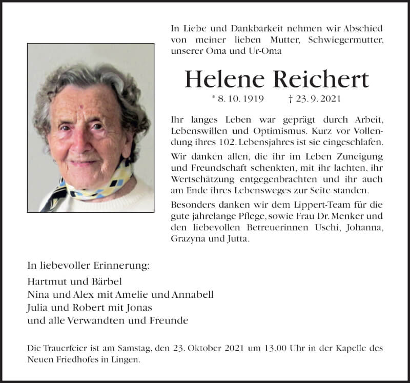  Traueranzeige für Helene Reichert vom 09.10.2021 aus Neue Osnabrücker Zeitung GmbH & Co. KG