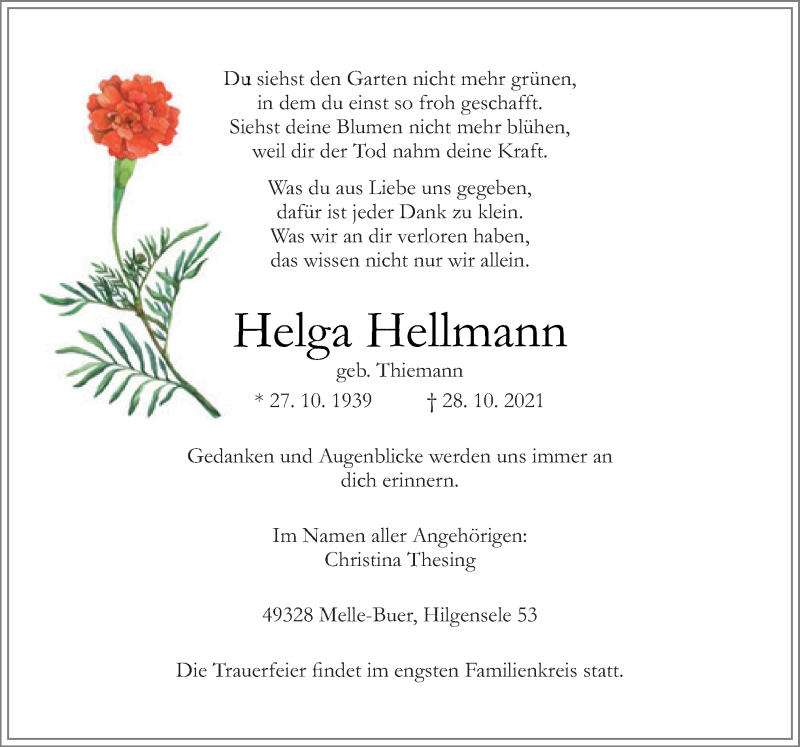  Traueranzeige für Helga Hellmann vom 30.10.2021 aus Neue Osnabrücker Zeitung GmbH & Co. KG