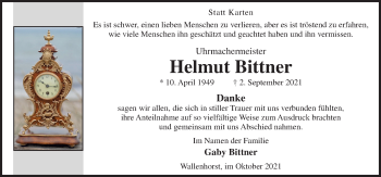 Traueranzeige von Helmut Bittner von Neue Osnabrücker Zeitung GmbH & Co. KG