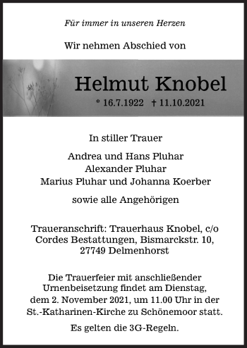 Traueranzeige von Helmut Knobel von Neue Osnabrücker Zeitung GmbH & Co. KG