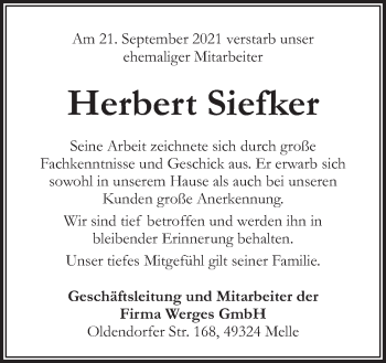 Traueranzeige von Herbert Siefker von Neue Osnabrücker Zeitung GmbH & Co. KG