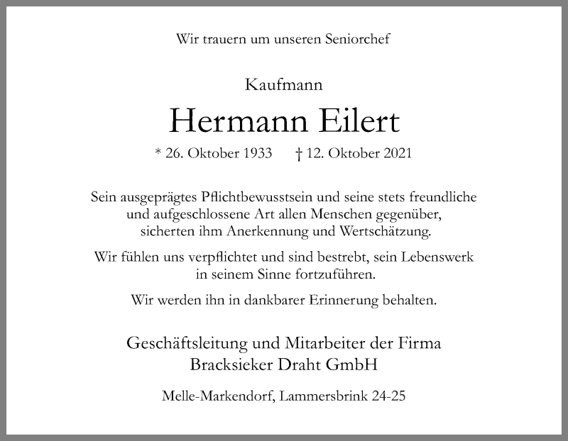  Traueranzeige für Hermann Eilert vom 15.10.2021 aus Neue Osnabrücker Zeitung GmbH & Co. KG