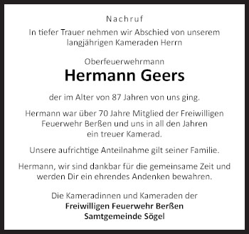 Traueranzeige von Hermann Geers von Neue Osnabrücker Zeitung GmbH & Co. KG