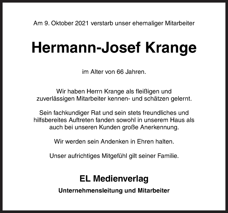  Traueranzeige für Hermann-Josef Krange vom 20.10.2021 aus Neue Osnabrücker Zeitung GmbH & Co. KG