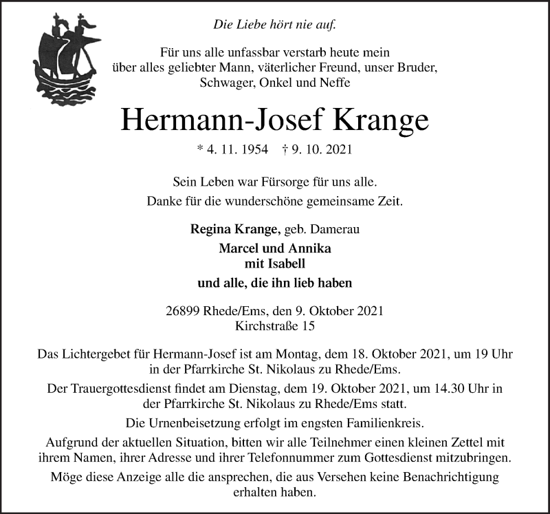  Traueranzeige für Hermann-Josef Krange vom 13.10.2021 aus Neue Osnabrücker Zeitung GmbH & Co. KG