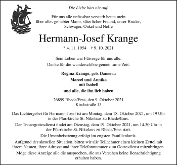 Traueranzeige von Hermann-Josef Krange von Neue Osnabrücker Zeitung GmbH & Co. KG