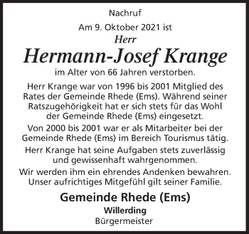 Traueranzeige von Hermann-Josef Krange von Neue Osnabrücker Zeitung GmbH & Co. KG