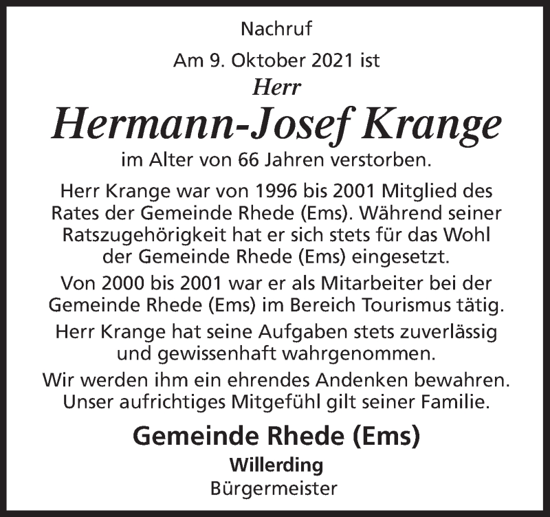  Traueranzeige für Hermann-Josef Krange vom 14.10.2021 aus Neue Osnabrücker Zeitung GmbH & Co. KG