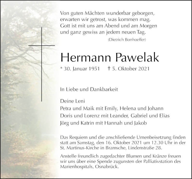  Traueranzeige für Hermann Pawelak vom 09.10.2021 aus Neue Osnabrücker Zeitung GmbH & Co. KG