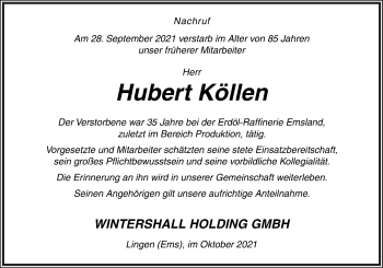 Traueranzeige von Hubert Köllen von Neue Osnabrücker Zeitung GmbH & Co. KG