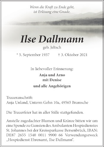 Traueranzeige von Ilse Dallmann von Neue Osnabrücker Zeitung GmbH & Co. KG