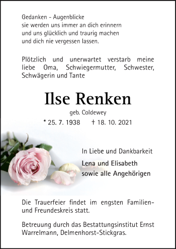 Traueranzeige von Ilse Renken von Neue Osnabrücker Zeitung GmbH & Co. KG