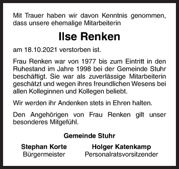 Traueranzeige von Ilse Renken von Neue Osnabrücker Zeitung GmbH & Co. KG