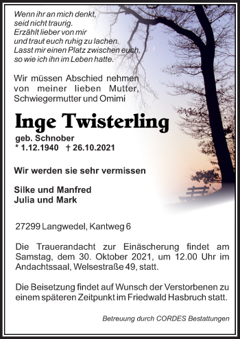 Traueranzeige von Inge Twisterling von Neue Osnabrücker Zeitung GmbH & Co. KG