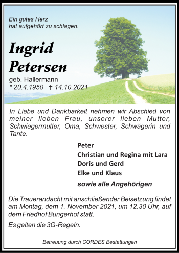 Traueranzeige von Ingrid Petersen von Neue Osnabrücker Zeitung GmbH & Co. KG