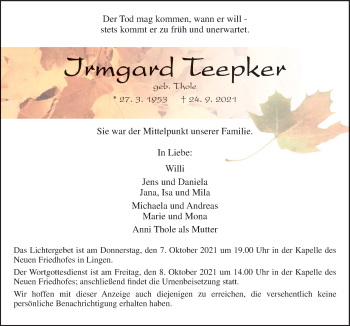 Traueranzeige von Irmgard Teepker von Neue Osnabrücker Zeitung GmbH & Co. KG